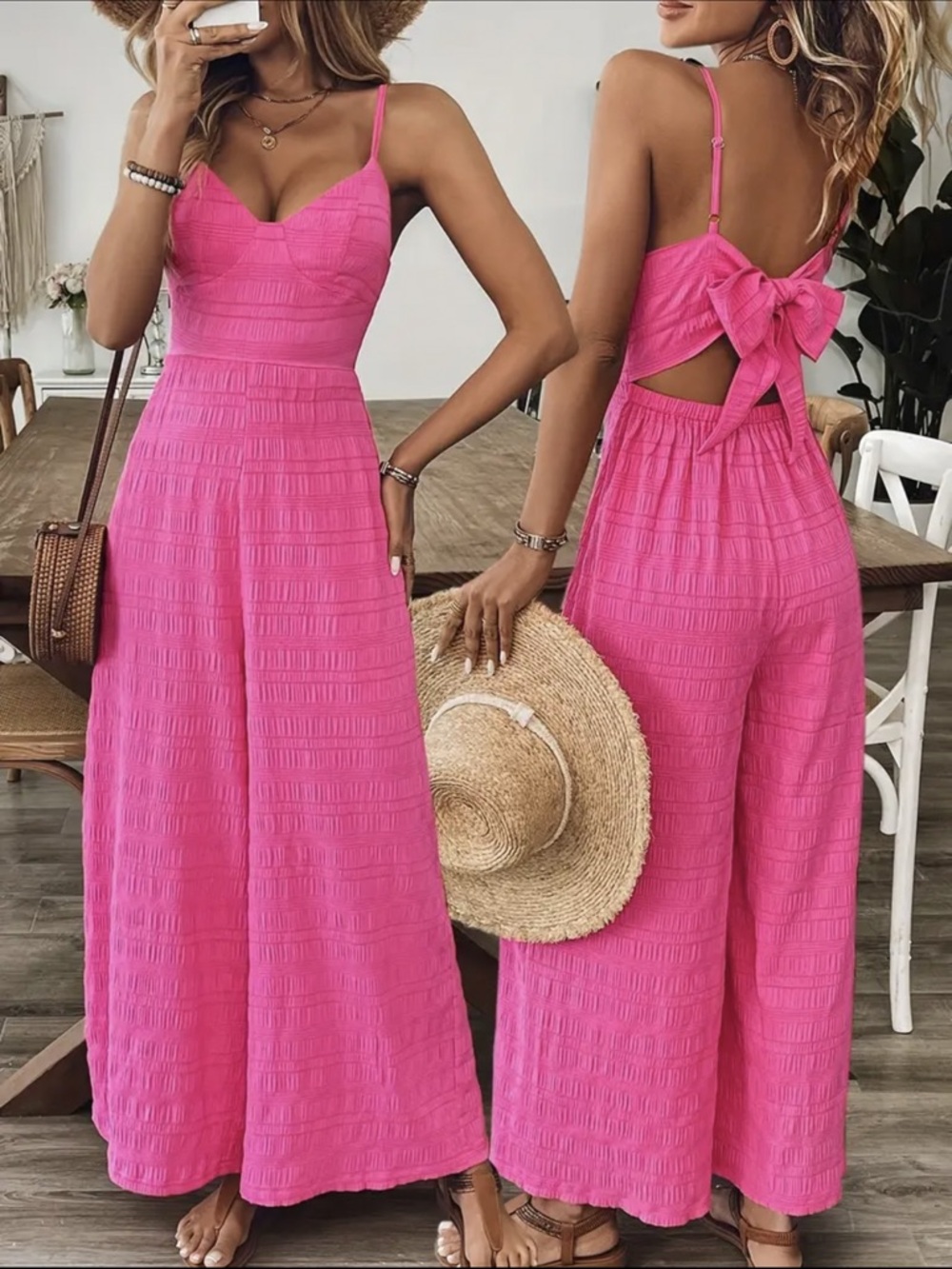 Women’s Pink Wide-Leg Jumpsuit with Bow Back